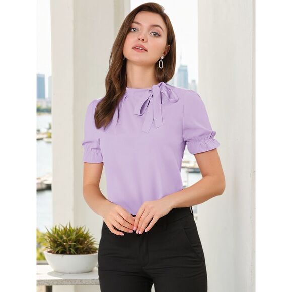 Bow Tie Neck Tops Workwear Short Sleeve Blouse Purple - Picture 3 of 6